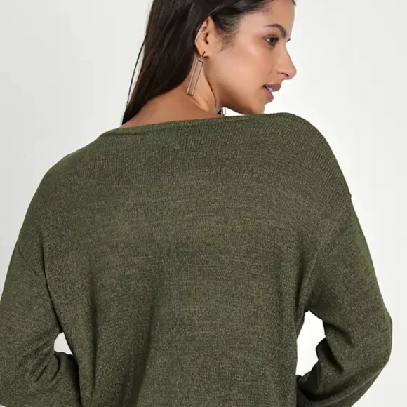 Lulus Perfectly Promising Olive Green Long Sleeve V- Neck Sweater Sz M - Picture 4 of 14